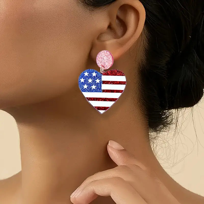 Heart-Shaped Red White & Blue Striped Flag Printed Acrylic Earrings