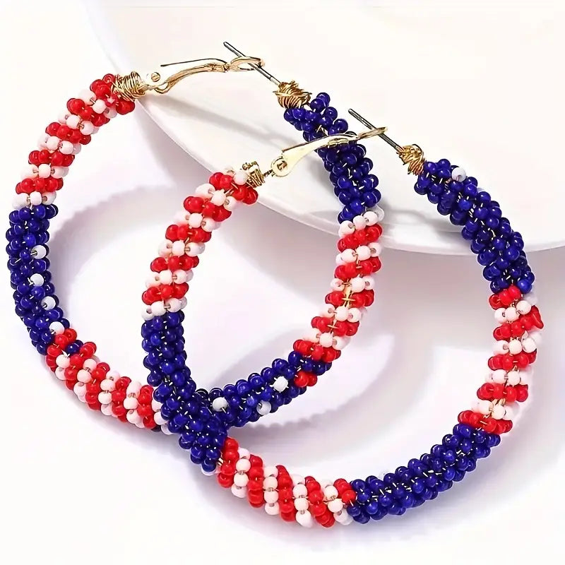 Handmade Independence Day Red White Blue Wrapped Rice Beaded Hoop Earrings