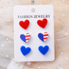 3-Pair Patriotic American Flag Heart Earrings