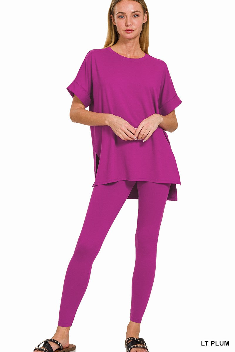 Women's Round Neck Short Sleeved Brushed DTY Microfiber Loungewear Set