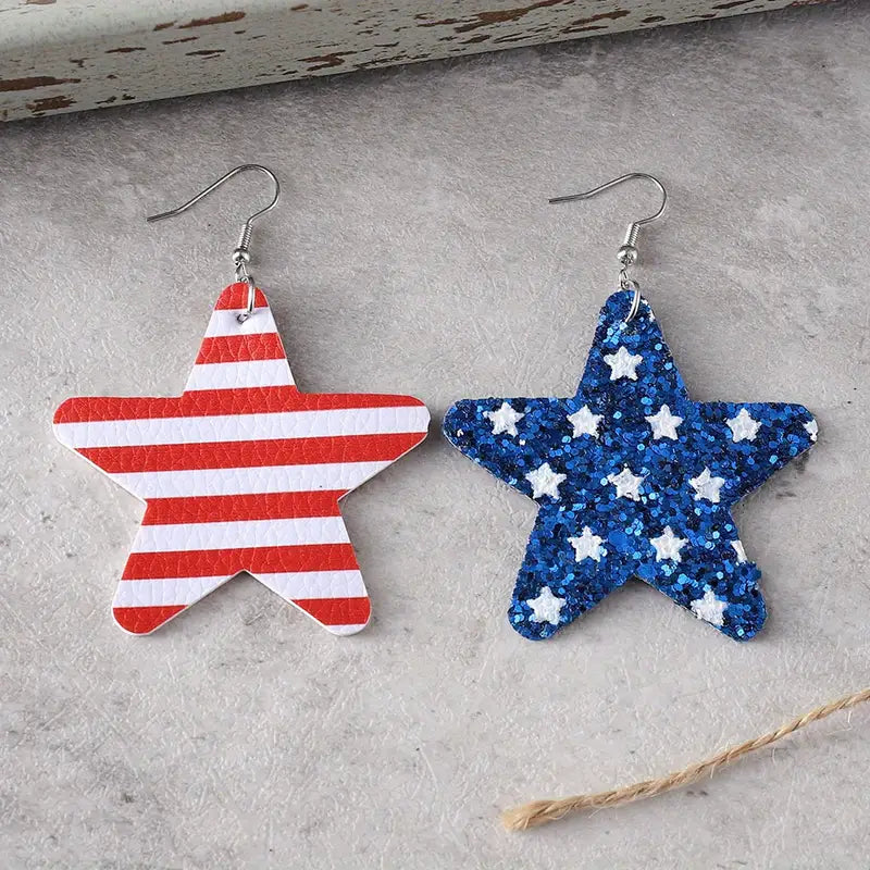 American Flag Red Blue White Striped Sequin Star Dangle Earrings