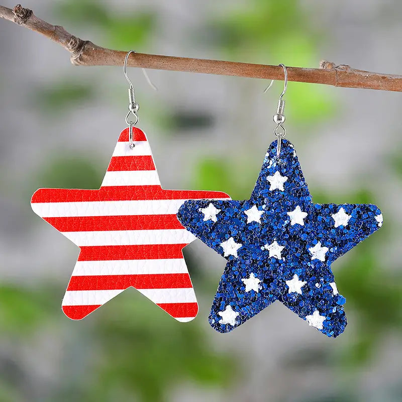 American Flag Red Blue White Striped Sequin Star Dangle Earrings