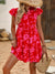 Women's Red Floral Print V-Neck Elegant Ruffle Sleeve Dress