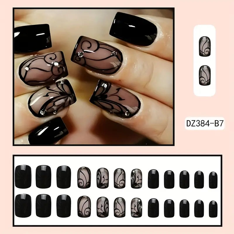 24 Pcs Glossy Black Plant Pattern Medium Square Press On Nails