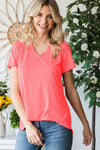 Women&#39;s V-Neck Ribbed Solid Short Sleeve Top