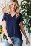 Women&#39;s V-Neck Ribbed Solid Short Sleeve Top
