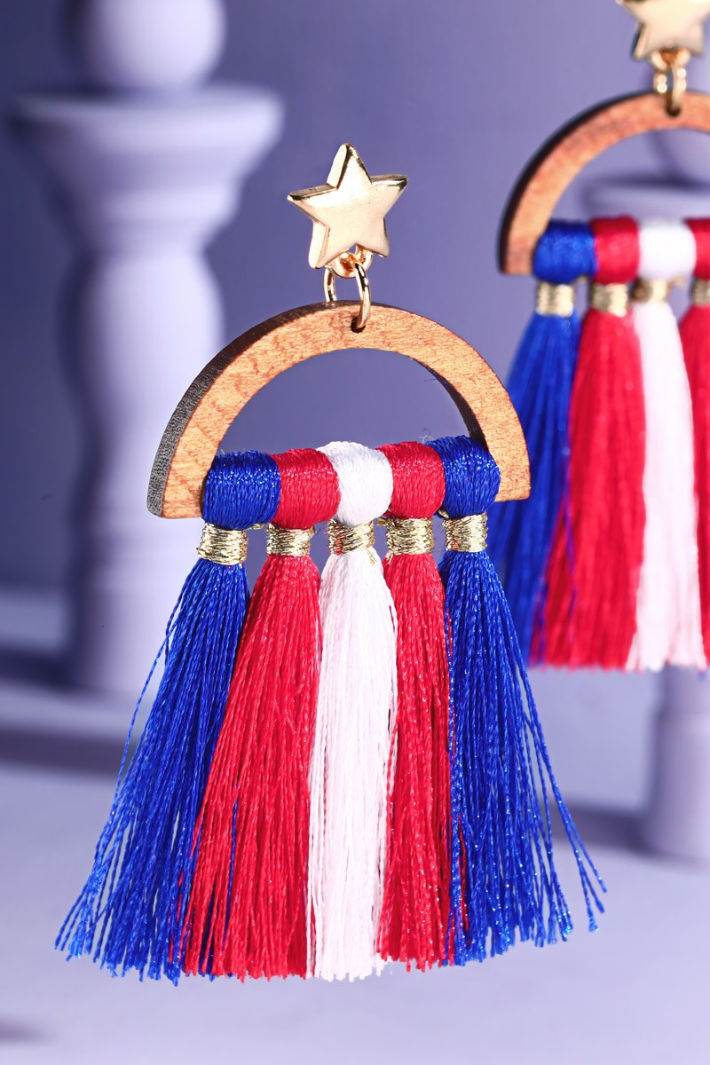 Women's Independence Day Wooden Arch Flag Tassel Earrings