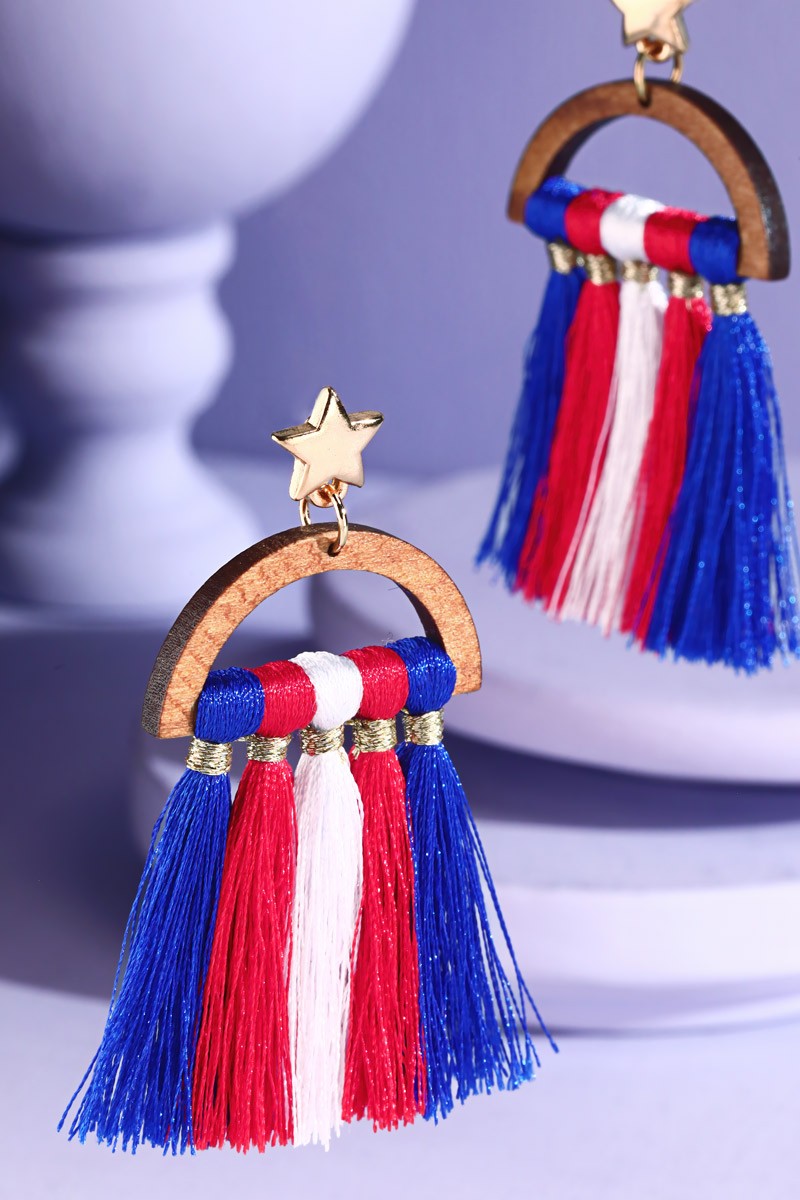 Women's Independence Day Wooden Arch Flag Tassel Earrings