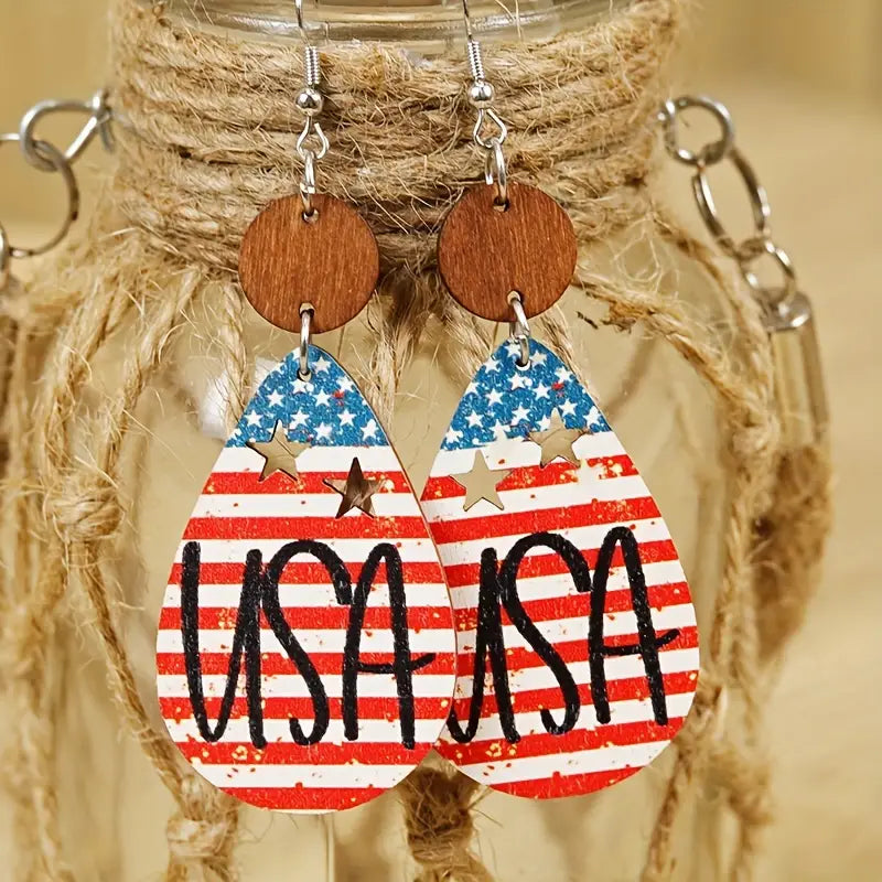American Flag USA Print Dangle Droplet Shape Earrings
