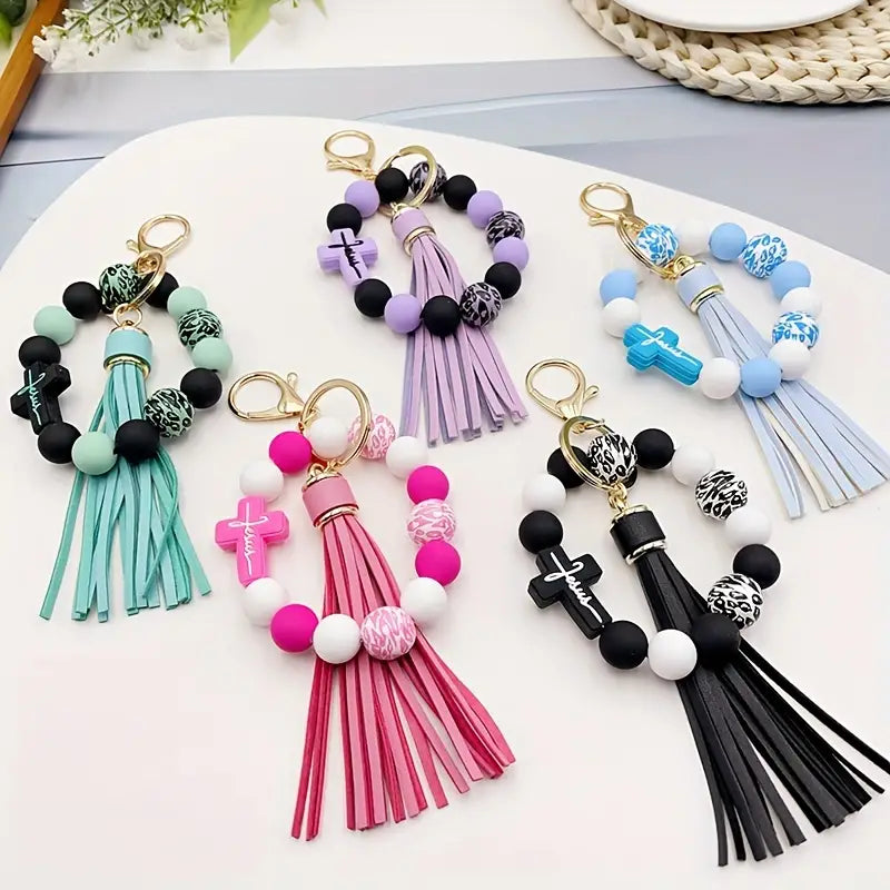 1pc Christian Silicone Wooden Beaded Wristlet Key Chain