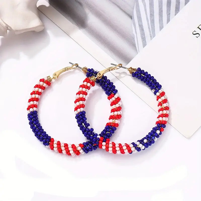 Handmade Independence Day Red White Blue Wrapped Rice Beaded Hoop Earrings