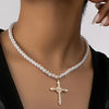Elegant Faux Pearl Cross Pendant Necklace