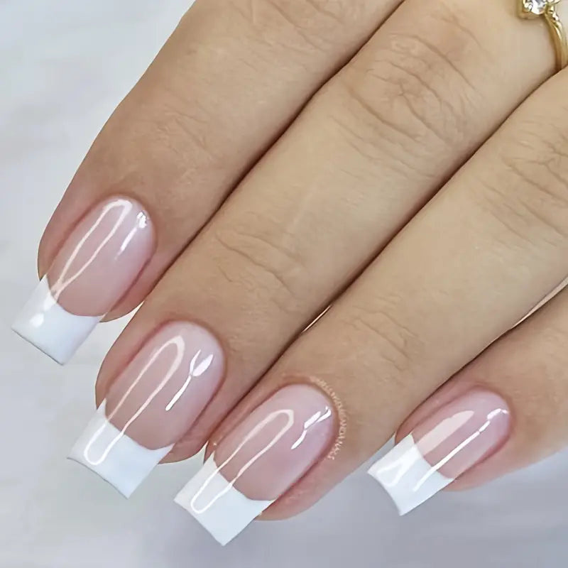 24pcs Medium Square Glossy Acrylic White French Tip Press On Nails