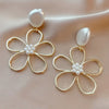 Inlaid Hollow Flower Pearl Dangle Earrings