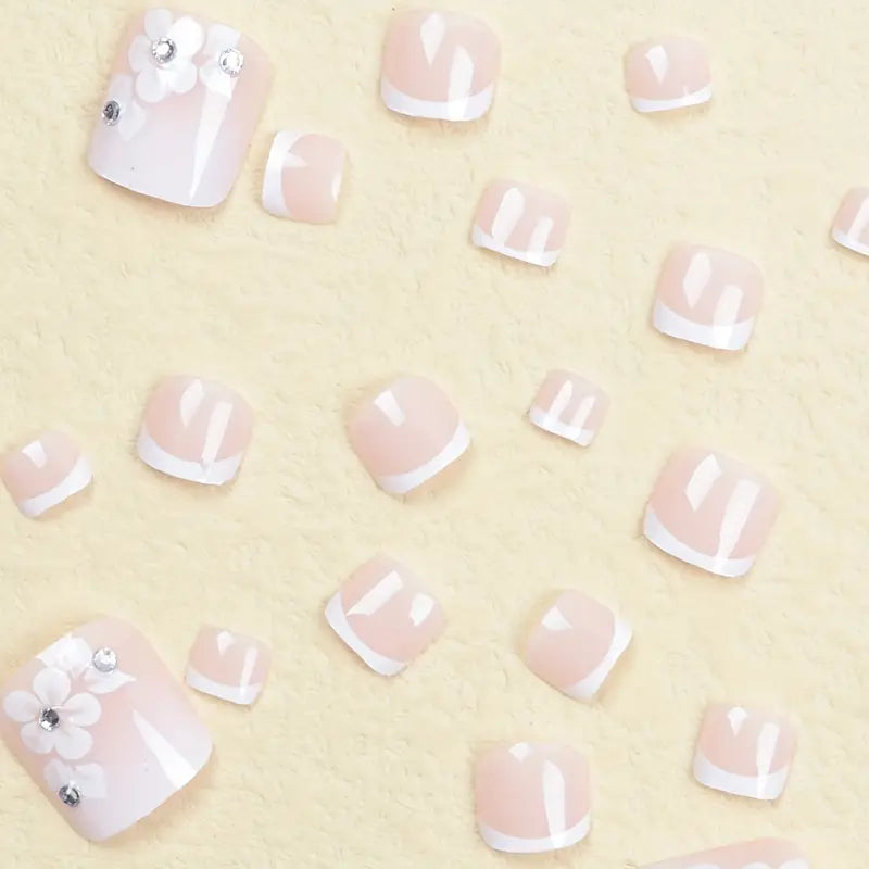 24pcs Glossy White Bling Rhinestone French Tip Press On Toenails