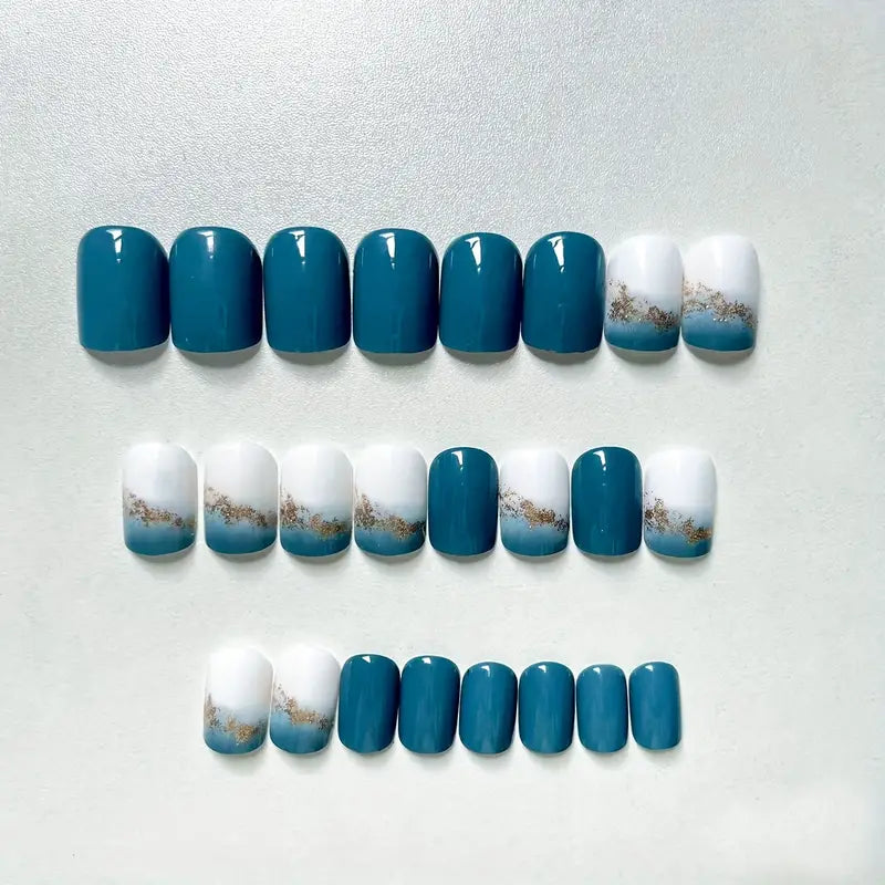 24pcs Short Square Shape Blue White Press On Nails