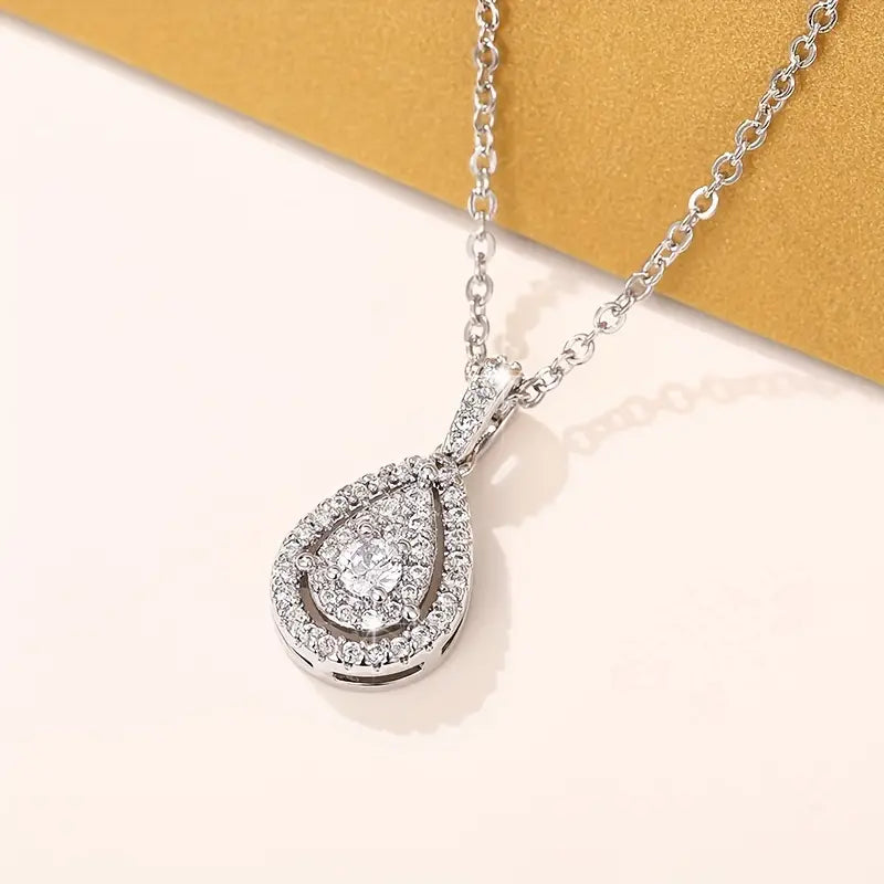 Silver Plated Waterdrop Hollow Zircon Pendant Necklace