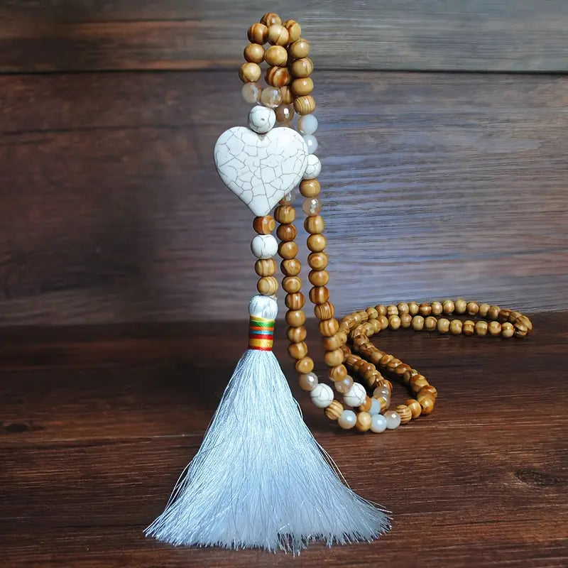 Bohemian Wooden Bead Necklace With White Tassels
