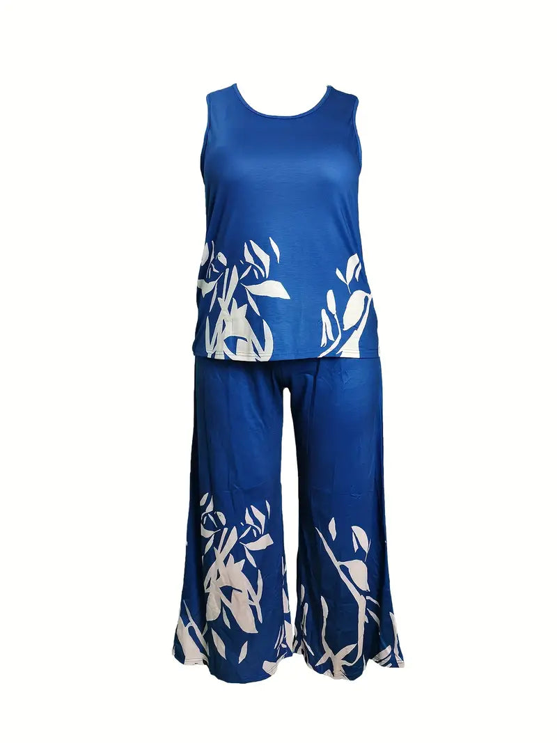 Women's Two Piece Colorblock Print Round Neck Tank Top & Pants Outfit