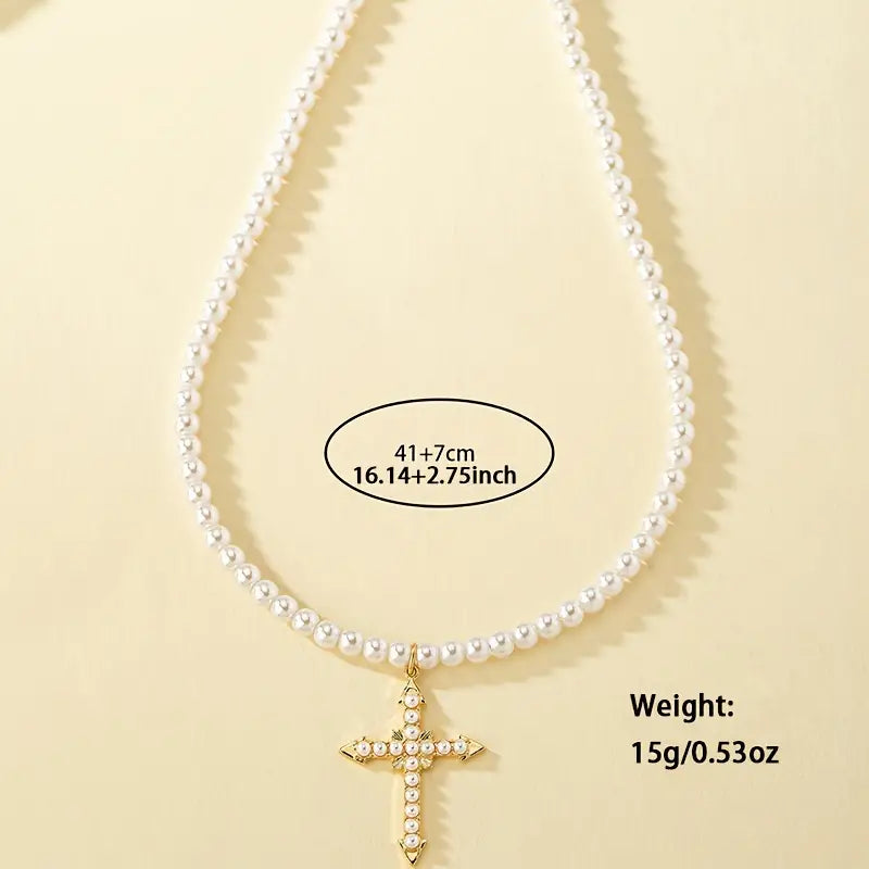 Elegant Faux Pearl Cross Pendant Necklace