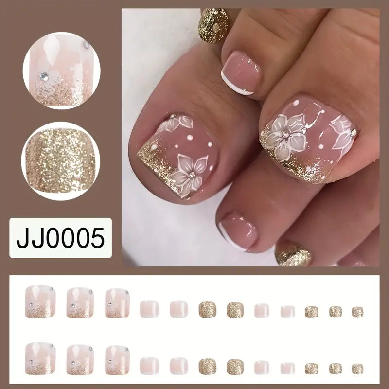 24pcs Sparkling Golden Glitter Rhinestone Flower Press On Toenails