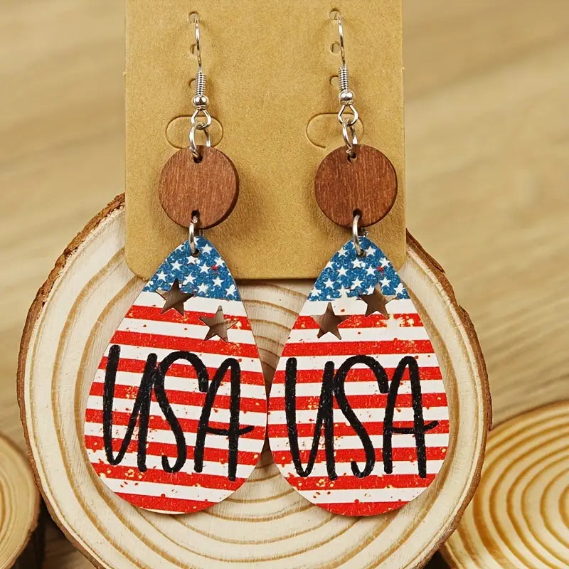 American Flag USA Print Dangle Droplet Shape Earrings