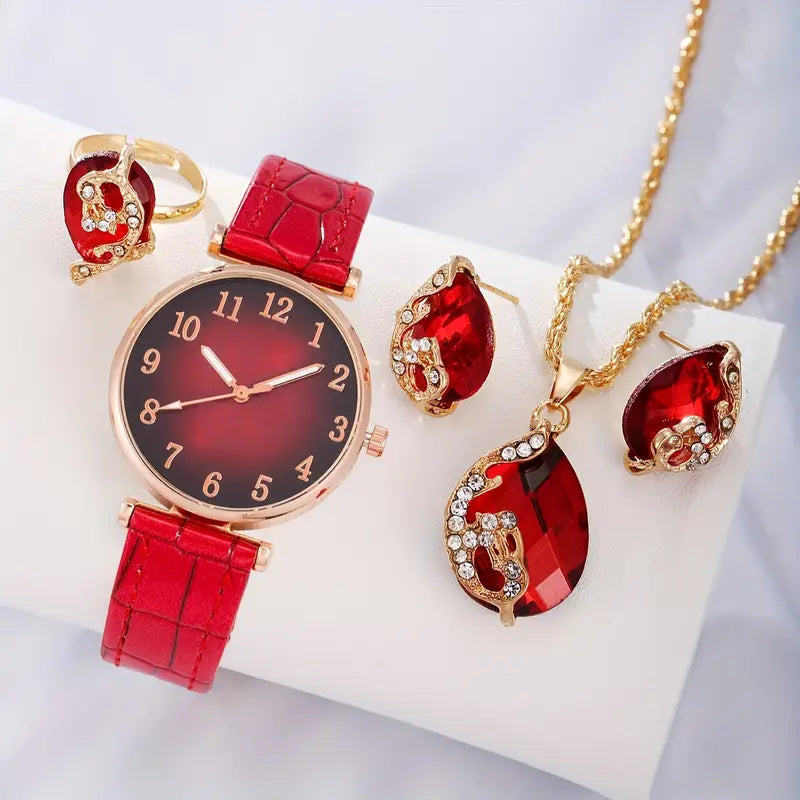 5pcs Women's Leather Wrist Watch & Jewelry Set
