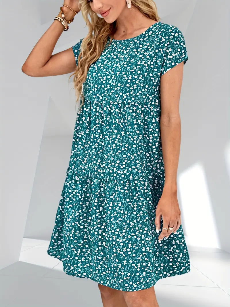 Women's Ditsy Floral Print Casual Short Sleeve Crew Neck Dress