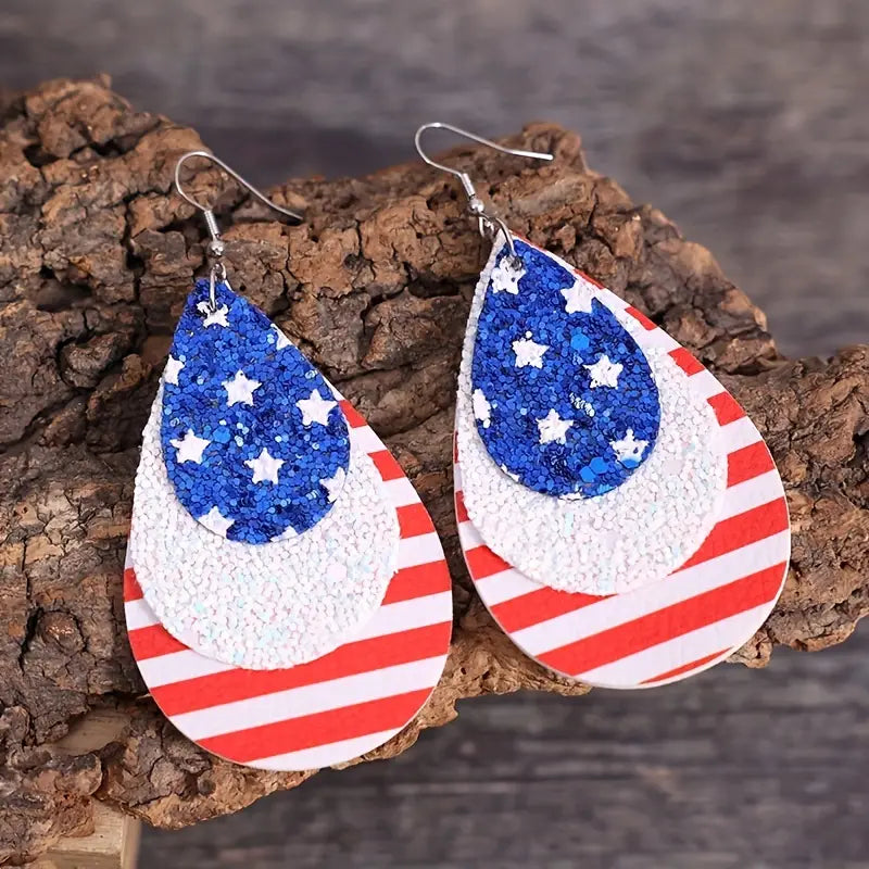 Independence Day Star Stripe Layered Design Dangle Earrings