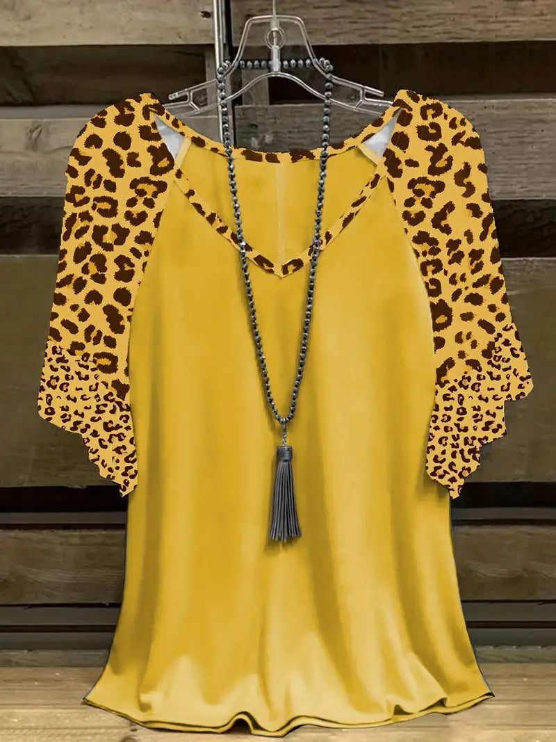 Plus Size Leopard Raglan Sleeve Ruffle Trim V Neck Casual T-Shirt - 5XL