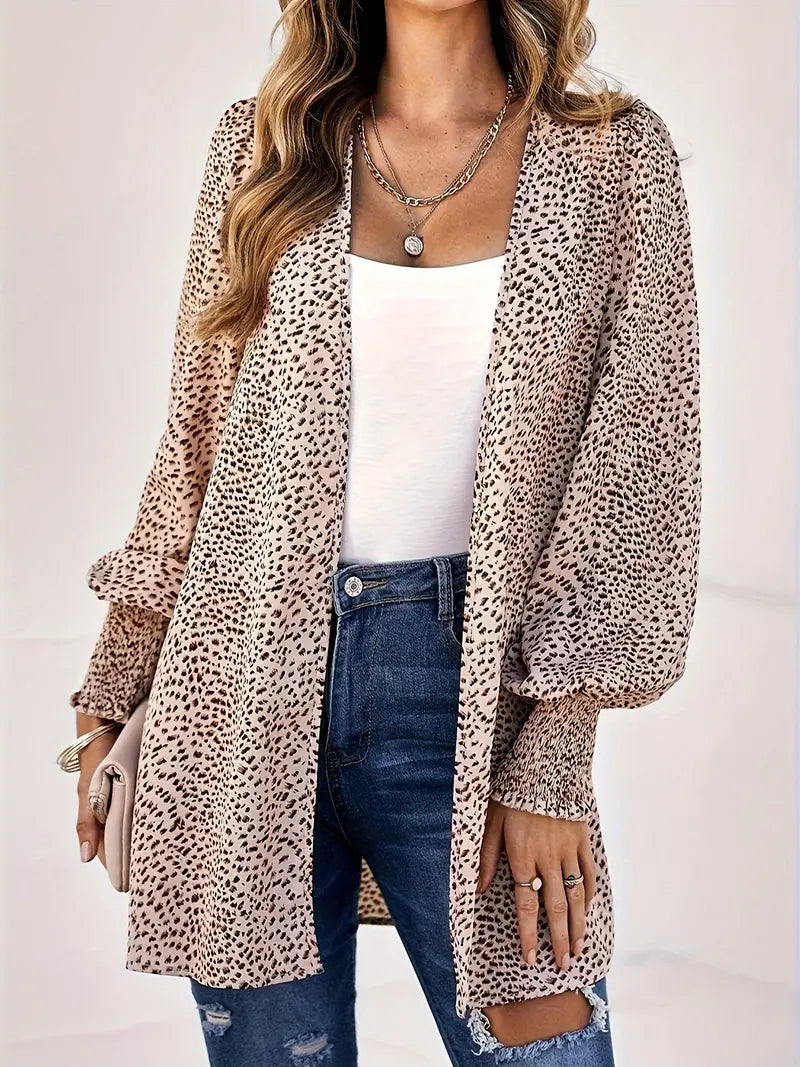 Women's Boho Plus Size Leopard Print Shirred Lantern Sleeve Cardigan - 5XL
