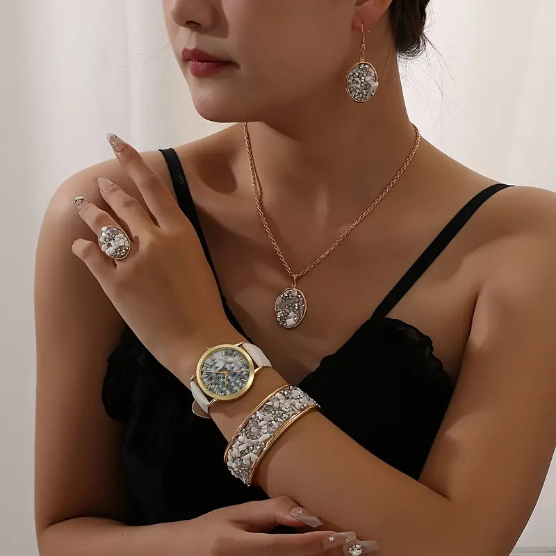 Women's 6-Piece Leather Wrist Watch & Boho Jewelry Set