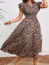 Elegant Leopard Print Ruffle Sleeve Maxi Dress