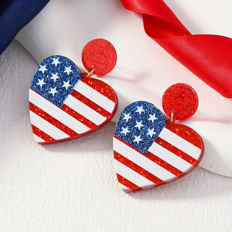 Heart-Shaped Red White & Blue Striped Flag Printed Acrylic Earrings
