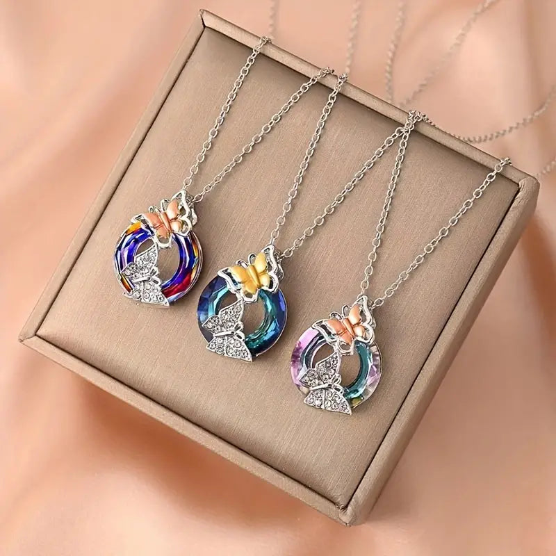 3pcs Colorful Butterfly Round Crystal Pendant Necklace Set