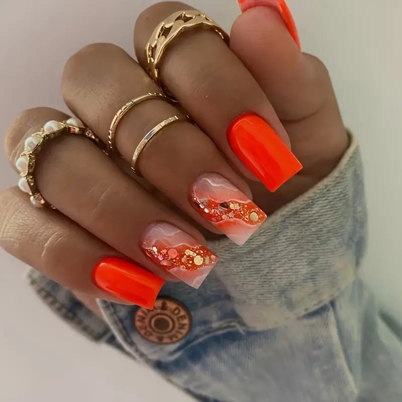 24pcs Glossy Medium Square Orange Gradient Press On Nails